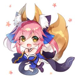 Rule 34 | 10s, 1girl, animal ears, asahina hikage, bare shoulders, breasts, brown eyes, chibi, cleavage, commentary, fang, fate/extra, fate (series), fox ears, fox tail, hair ribbon, long hair, looking at viewer, open mouth, pink hair, ribbon, solo, tail, tamamo (fate), tamamo no mae (fate/extra)