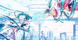 Rule 34 | 2girls, android, aqua eyes, aqua hair, bare shoulders, cityscape, detached sleeves, dual persona, hatsune miku, highres, joints, long hair, long image, monq, multiple girls, open mouth, profile, reaching, robot joints, thighhighs, twintails, very long hair, vocaloid, wide image