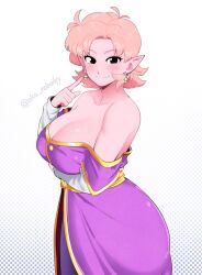 Rule 34 | 1girl, aka nobodyy, artist name, bare shoulders, black eyes, blush, breasts, chronoa, cleavage, colored skin, dragon ball, dragon ball heroes, dragon ball xenoverse, earrings, female focus, highres, jewelry, large breasts, looking at viewer, pink hair, pink skin, pointing, pointing at self, pointy ears, potara earrings, short hair, signature, solo, tagme