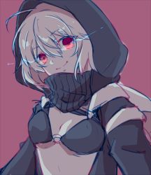 Rule 34 | 10s, 1girl, abyssal ship, bad id, bad pixiv id, breasts, glowing, glowing eyes, hiki-wota, hood, jacket, kantai collection, o-ring, o-ring top, pale skin, personification, re-class battleship, red eyes, scarf, short hair, silver hair, sketch, small breasts, smile, solo