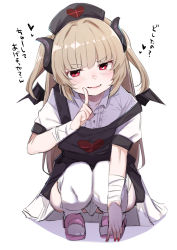Rule 34 | 1girl, absurdres, bat wings, black hat, black horns, blunt bangs, brown hair, commentary request, demon horns, full body, hat, heart, heart-shaped pupils, highres, horns, index finger raised, long hair, looking at viewer, nail polish, natori sana, nurse cap, pink footwear, red eyes, red nails, sana channel, shirt, short sleeves, simple background, sketch, solo, squatting, symbol-shaped pupils, thighhighs, two side up, utsusumi kio, virtual youtuber, white background, white shirt, white thighhighs, wings