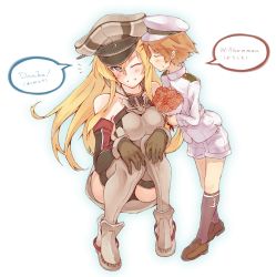 Rule 34 | 10s, 1boy, 1girl, admiral (kancolle), bismarck (kancolle), bismarck kai (kancolle), blue eyes, blush, boots, bouquet, breasts, flower, german text, gloves, grey footwear, grey thighhighs, hat, hetero, kantai collection, kiss, little boy admiral (kancolle), long hair, military, military hat, military uniform, mutou (hai247), one eye closed, peaked cap, personification, sweat, tenugui (hai247), text focus, thighhighs, translated, underwear, uniform, wink