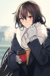 Rule 34 | 1girl, alternate costume, black coat, black hair, blush, closed mouth, coat, coffee cup, cup, disposable cup, fringe trim, gloves, grey gloves, hair between eyes, highres, holding, holding cup, kantai collection, kasumi (skchkko), long hair, long sleeves, nagato (kancolle), red eyes, scarf, smile, solo, upper body, white scarf