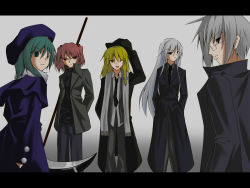 Rule 34 | 1boy, 4girls, ;d, alternate costume, blonde hair, formal, from behind, ghost in the shell, ghost in the shell stand alone complex, grey background, grey eyes, highres, kamishirasawa keine, kirisame marisa, letterboxed, long hair, long sleeves, looking at viewer, looking back, morichika rinnosuke, multiple girls, one eye closed, onozuka komachi, open mouth, parody, parted lips, scythe, shahou, shiki eiki, silver hair, simple background, smile, standing, suit, touhou, very long hair
