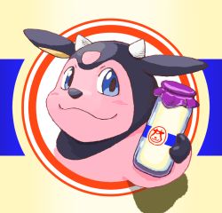 Rule 34 | ame (regular badge), blue eyes, blush, bottle, closed mouth, commentary request, creatures (company), game freak, gen 2 pokemon, holding, holding bottle, looking at viewer, milk bottle, miltank, moomoo milk, nintendo, no humans, pokemon, pokemon (creature), smile, solo