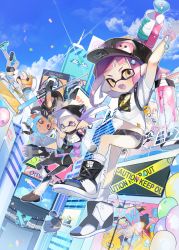 Rule 34 | 4girls, absurdres, arm up, bad id, bad twitter id, baseball cap, bike shorts, black headwear, black leggings, black shorts, blaster (splatoon), blue hair, blue sky, blunt bangs, brown footwear, cat, charger, closed eyes, commentary request, dark-skinned female, dark skin, day, diffraction spikes, dolphin shorts, dutch angle, dynamo roller (splatoon), earrings, english text, falling, fangs, gym shorts, hat, high tops, highres, holding, holding weapon, ink tank (splatoon), inkling, inkling (language), inkling girl, inkling player character, jacket, jewelry, judd (splatoon), leggings, li&#039;l judd (splatoon), long hair, looking at viewer, medium hair, micro shorts, mouth hold, multiple girls, nintendo, octoling, octoling player character, off shoulder, open mouth, orange eyes, orange hair, outdoors, pink eyes, pink hair, pointy ears, print headwear, print shirt, purple eyes, purple hair, purple jacket, shirt, shoes, short hair, short shorts, short sleeves, shorts, single vertical stripe, sky, smile, sneakers, socks, sparkle, splat charger (splatoon), splatoon (series), splatoon 2, splattershot (splatoon), suction cups, t-shirt, tentacle hair, unitoon, upside-down, weapon, white footwear, white headwear, white legwear, white shirt