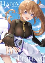 Rule 34 | 1girl, black gloves, blue eyes, blush, breasts, brown hair, fingerless gloves, gloves, hair ribbon, happy birthday, highres, large breasts, long hair, looking at viewer, lyrical nanoha, magical girl, mahou shoujo lyrical nanoha strikers, open mouth, pucho, ribbon, side ponytail, smile, solo, takamachi nanoha, takamachi nanoha (exceed mode)