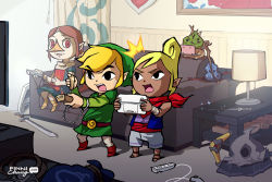 Rule 34 | 1boy, 2girls, beak, blonde hair, boomerang, brown hair, circlet, controller, dark skin, finni chang, friend zone, game console, game controller, gamepad, hammer, handheld game console, hat, instrument, link, long hair, makar, medli, multiple girls, neckerchief, nintendo, nintendo 3ds, official style, playing games, pointy ears, red eyes, sandals, screen light, shield, shorts, ^^^, sword, tetra, the legend of zelda, the legend of zelda: the wind waker, toon link, tunic, violin, weapon, wii remote, wii u