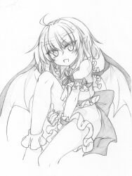 Rule 34 | 1girl, ahoge, back bow, bat wings, bow, collared shirt, fang, fang out, feet out of frame, frilled shirt, frilled shirt collar, frilled sleeves, frills, graphite (medium), greyscale, hair between eyes, hat, head tilt, highres, looking at viewer, marukyuu ameya, medium hair, monochrome, no headwear, no shoes, open mouth, pointy ears, puffy short sleeves, puffy sleeves, remilia scarlet, shirt, short sleeves, simple background, skin fang, skirt, socks, solo, touhou, traditional media, white background, wings, wrist cuffs