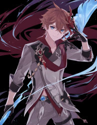 Rule 34 | 1boy, belt, black background, black gloves, blue eyes, closed mouth, earrings, genshin impact, gloves, grey jacket, grey pants, hand up, highres, holding, holding weapon, jacket, jewelry, looking at viewer, male focus, mask, mask on head, ogawa 32, orange hair, pants, red mask, red scarf, ring, scarf, short hair, single earring, smile, solo, tartaglia (genshin impact), weapon