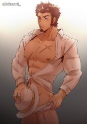 Rule 34 | 1boy, abs, bara, bare pectorals, blue eyes, blush, brown hair, covering crotch, covering privates, cowboy shot, cross scar, facial hair, fate/grand order, fate (series), goatee, hat, holding, holding clothes, holding hat, kakenari, large pectorals, long sideburns, long sleeves, looking at viewer, male focus, muscular, muscular male, napoleon bonaparte (fate), napoleon bonaparte (ladies &amp; gentlemen) (fate), navel, nipples, official alternate costume, open clothes, pectorals, scar, seductive smile, short hair, sideburns, smile, solo, standing, thick eyebrows