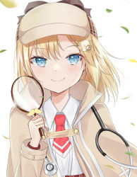 Rule 34 | 1girl, black bow, blonde hair, blue eyes, blush, bow, brown hat, brown jacket, closed mouth, collared shirt, commentary, deerstalker, hand up, hat, highres, holding, hololive, hololive english, jacket, long sleeves, looking at viewer, magnifying glass, necktie, open clothes, open jacket, red necktie, shirt, short necktie, simple background, smile, solo, stethoscope, swon (joy200892), upper body, virtual youtuber, watson amelia, white background, white shirt