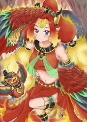 Rule 34 | 1girl, absurdres, animal, animal feet, bare shoulders, bird, blue eyes, blush, breasts, commentary request, crop top, duel monster, feathers, fire, fire king avatar princess, gt majoyan, hair intakes, harpy, headdress, high ponytail, highres, long hair, looking at viewer, medium breasts, midriff, monster girl, multicolored wings, navel, parted bangs, pointy ears, red feathers, red hair, red skirt, side slit, sidelocks, skirt, smile, solo, talons, thighlet, tiara, wings, yu-gi-oh!