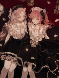 Rule 34 | 2girls, black skirt, blunt bangs, bow, brown eyes, closed eyes, earrings, flower, french commentary, highres, jewelry, long hair, multiple girls, original, pink hair, qluyi, rose, sitting, skirt, twintails, white bow, white flower, white rose