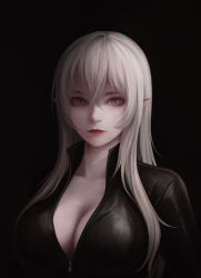 Rule 34 | 1girl, absurdres, bad id, bad pixiv id, black background, breasts, brown eyes, cleavage, closed mouth, collarbone, colored skin, hair between eyes, hc (user tem2272), high collar, highres, large breasts, latex, lipstick, makeup, original, pale skin, pointy ears, red lips, skin tight, solo, upper body, white hair, zipper, zipper pull tab