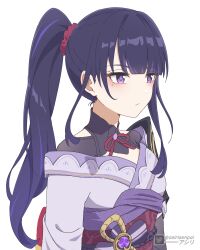 Rule 34 | 1girl, absurdres, alternate hairstyle, asiri senpai, asymmetrical bangs, black hair, blunt bangs, bow, bowtie, breasts, bridal gauntlets, commentary, english commentary, expressionless, facing away, genshin impact, hair ornament, hair scrunchie, highres, japanese clothes, kimono, long hair, long sleeves, looking away, mole, mole under eye, multicolored hair, obi, obiage, ponytail, purple eyes, purple hair, raiden shogun, sash, scrunchie, sidelocks, simple background, small breasts, solo, streaked hair, two-tone hair, vision (genshin impact), white background