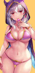 Rule 34 | 1girl, :p, absurdres, arm at side, armlet, bare shoulders, bikini, blush, bracelet, breasts, candy, cape, cleavage, closed mouth, collarbone, cowboy shot, earrings, fate/grand order, fate (series), food, gluteal fold, highres, holding, holding food, hood, hood up, hooded cape, horned hood, horns, jewelry, kama (chocolate heaven) (fate), kama (fate), large breasts, licking, lollipop, nano (syoutamho), navel, pink bikini, purple cape, red eyes, short hair, silver hair, simple background, skindentation, smile, solo, star (sky), stomach, swimsuit, thigh gap, tongue, tongue out, underboob, yellow background
