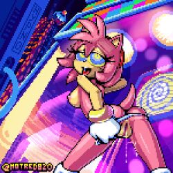 Rule 34 | 1girl, amy rose, animal ears, animal nose, arm up, artist name, ass, blue eyes, body fur, breasts, building, city, clothing aside, commission, dutch angle, english text, exhibitionism, female focus, from behind, furry, furry female, gloves, hairband, half-closed eyes, happy, hypnosis, lamppost, leaning forward, looking at viewer, looking back, medium breasts, mind control, multicolored eyes, nipples, open mouth, outdoors, panties, panties aside, panty pull, pink fur, pink hair, pixel art, public indecency, pussy, pussy juice, pussy juice drip, red hairband, ringed eyes, rockthebull, saliva, shiny skin, short hair, sidelocks, smile, solo, sonic (series), spread legs, standing, sunset, tail, teeth, thighs, tongue, tongue out, topless, twitter username, underwear, underwear only, watermark, white gloves, white panties, yellow eyes