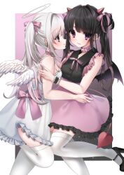 Rule 34 | 2girls, angel, angel and devil, black hair, bow, collar, demon, dress, earrings, feathered wings, frilled skirt, frills, hair bow, halo, highres, jewelry, long hair, multiple girls, original, pink bow, pink collar, pink eyes, purple eyes, purple skirt, skirt, thighhighs, twintails, usausausabarasi, white dress, white hair, white thighhighs, white wings, wings, yuri