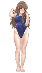 Rule 34 | 1girl, barefoot, blue one-piece swimsuit, blunt bangs, breasts, brown hair, commentary request, competition swimsuit, hamedoragon, highres, idolmaster, idolmaster cinderella girls, kamiya nao, large breasts, logo, looking at viewer, one-piece swimsuit, red eyes, simple background, solo, speedo (company), standing, swimsuit, thick eyebrows, white background
