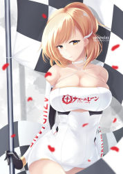 Rule 34 | 1girl, azur lane, bare shoulders, blonde hair, breasts, checkered flag, choker, cleavage, clothing cutout, criss-cross halter, detached sleeves, flag, halterneck, highres, holding, holding flag, large breasts, leotard, looking at viewer, mimelex, prince of wales (azur lane), prince of wales (the laureate&#039;s victory lap) (azur lane), race queen, skin tight, skindentation, solo, heattech leotard, underboob cutout, white choker, white leotard, yellow eyes