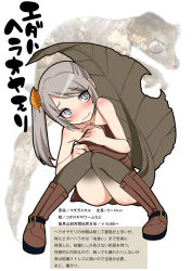 Rule 34 | 1girl, animal, bare shoulders, blush, boots, character profile, embarrassed, gecko, grey eyes, grey hair, gujira, hair ornament, knee boots, leaf, leaf hair ornament, looking to the side, personification, scales, side ponytail, simple background, sitting, slit pupils, solo, tail, thighhighs, thighs, translation request, wavy mouth, white background