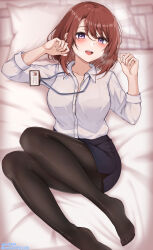Rule 34 | 1girl, absurdres, black skirt, blurry, bra visible through clothes, brown hair, brown pantyhose, collared shirt, dress shirt, feet, foot out of frame, hands up, heavy breathing, highres, id card, knees up, legs, long sleeves, lying, miniskirt, mole, mole under eye, nahanmin, no shoes, office lady, on back, on bed, open mouth, original, pantyhose, partially unbuttoned, pencil skirt, purple eyes, shirt, short hair, skirt, smile, solo, toes, white shirt