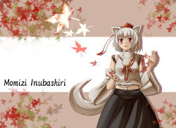 Rule 34 | 1girl, animal ears, autumn leaves, bare shoulders, blush, breasts, character name, detached sleeves, fang, hat, highres, inubashiri momiji, kunreishiki, leaf, looking up, max (maximax), midriff, navel, open mouth, pom pom (clothes), red eyes, romaji text, shirt, short hair, silver hair, solo, tail, touhou, white shirt, wolf ears, wolf tail