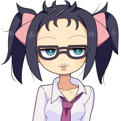 Rule 34 | 1girl, bags under eyes, bangs pinned back, black-framed eyewear, black hair, blue eyes, bow, breasts, bright pupils, collared shirt, commentary request, glasses, hair bow, hospital king, kuroki tomoko, looking at viewer, messy hair, necktie, open mouth, pink bow, purple necktie, shirt, simple background, small breasts, solo, two side up, upper body, watashi ga motenai no wa dou kangaetemo omaera ga warui!, white background, white pupils, white shirt