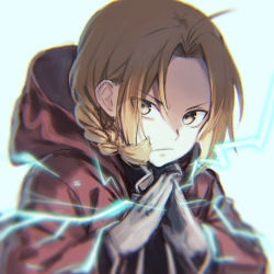 Rule 34 | 1boy, alphonse elric, bad id, bad twitter id, black shirt, blonde hair, blue background, braid, brown eyes, commentary, electricity, forehead, fullmetal alchemist, gloves, hood, hood down, hooded jacket, jacket, long hair, looking at viewer, male focus, midorikawa you, open clothes, open jacket, parted bangs, red jacket, shirt, simple background, single braid, solo, steepled fingers, upper body, v-shaped eyebrows, white gloves