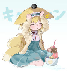 Rule 34 | 1girl, :o, = =, animal ears, arknights, arms up, blonde hair, bowl, brain freeze, closed eyes, frilled hairband, frills, furrowed brow, green skirt, hairband, high-waist skirt, highres, jacket, long hair, long sleeves, luo xiaohei, multiple tails, neck ribbon, open clothes, open jacket, ribbon, shirt, shirt tucked in, sitting, skirt, solo, spoon, suzuran (arknights), suzuran (spring praise) (arknights), tail, luo xiaohei zhanji, twitter username, unitedunti, wariza, white shirt, yellow jacket