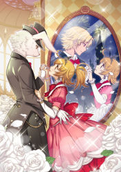 Rule 34 | 1boy, 1girl, animal ears, blonde hair, brown hair, couple, dancing, different reflection, dress, fireworks, flower, formal, furry, furry male, furry with non-furry, gloves, hetero, high ponytail, holding hands, interspecies, mirror, ohime-sama debut, ponytail, rabbit ears, red eyes, reflection, rose, sparkle, suit, tiara, white flower, white rose