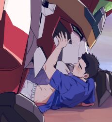Rule 34 | 2boys, ao isami, black hair, blush, bravern, duruko, facial hair, feet out of frame, french kiss, kiss, male focus, mecha, multiple boys, official alternate costume, open clothes, open shirt, robot, sideburns stubble, size difference, stubble, super robot, thick eyebrows, tongue, tongue out, yaoi, yuuki bakuhatsu bang bravern