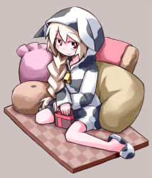 Rule 34 | 1girl, animal print, bell, box, braid, cow print, cowbell, exice-zero, gift, gift box, highres, hood, kugelschreiber, long hair, looking at viewer, original, pillow, red eyes, slippers, smile, solo