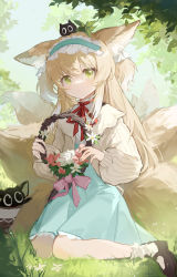 Rule 34 | 1girl, absurdres, animal ear fluff, animal ears, arknights, basket, blonde hair, blue hairband, blue skirt, blush, bow, cardigan, closed mouth, creature, creature on head, expressionless, flower, flower wreath, fox ears, fox girl, fox tail, frilled hairband, frills, full body, grass, green eyes, hairband, hakuto kinkinko, heixiu, highres, holding, holding wreath, leaf, long hair, long sleeves, looking at viewer, luo xiaohei, luo xiaohei zhanji, multiple tails, neck ribbon, official alternate costume, pink bow, red ribbon, ribbon, sidelocks, sitting, skirt, solo, suzuran (arknights), suzuran (spring praise) (arknights), tail, wariza, white cardigan, white flower