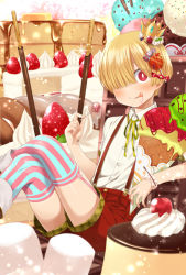 Rule 34 | 1boy, :p, agemono, bad id, bad pixiv id, blonde hair, blush, bob cut, boots, cake, candy, cherry, crazy eyes, crown, food, fruit, hair ornament, hair over one eye, ice cream, ice cream cone, lollipop, looking at viewer, male focus, marshmallow, original, pancake, pancake stack, pocky, red eyes, short hair, shorts, smile, solo, sparkle, strawberry, striped clothes, striped thighhighs, suspenders, thighhighs, tongue, tongue out