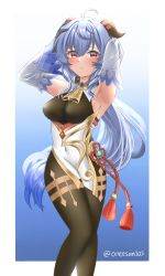 Rule 34 | absurdres, ahoge, armpits, arms up, bell, black legwear, blue hair, blush, breasts, chinese knot, curled horns, detached sleeves, ganyu (genshin impact), genshin impact, gloves, gold trim, hand on own head, highres, horns, long hair, looking at viewer, medium breasts, multicolored eyes, neck bell, rem moon, sidelocks, solo, tassel, thighlet, twitter username, very long hair, vision (genshin impact), white sleeves