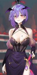 Rule 34 | 1girl, bare shoulders, black nails, breasts, cleavage, commentary, cowboy shot, criss-cross halter, dress, grin, halterneck, hievasp, highres, indie virtual youtuber, large breasts, looking at viewer, medium breasts, mythia batford, nail polish, purple hair, red eyes, short hair, smile, solo, standing