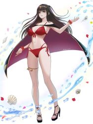 Rule 34 | 1girl, alternate costume, anklet, bikini, black cape, black eyes, black footwear, black hair, blunt bangs, breasts, cape, circlet, cleavage, commentary request, female focus, fire emblem, fire emblem awakening, fire emblem heroes, floating hair, full body, gold trim, high heel sandals, high heels, highres, hydrokinesis, jewelry, large breasts, legs, lips, long hair, looking at viewer, matching hair/eyes, multi-strapped bikini, nail polish, navel, nintendo, o-ring, o-ring bikini, o-ring bottom, official alternate costume, open shoes, parted lips, pink lips, red bikini, red cape, red nails, sandals, solo, stomach, straight hair, strappy heels, swimsuit, tharja (fire emblem), tharja (summer) (fire emblem), toeless footwear, toenail polish, toenails, toes, tori art07, twitter username, two-tone cape, water, white background
