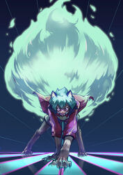 1girl all_fours animal_ears blue_background body_fur brand_new_animal brown_fur claws digitigrade fangs fiery_tail full_body furry furry_female green_hair highres jacket kagemori_michiru large_tail looking_at_viewer old-night purple_eyes raccoon_ears raccoon_girl raccoon_tail short_hair shorts solo tail