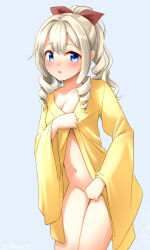 Rule 34 | 1girl, blonde hair, blue eyes, coat, covering breasts, covering privates, drill hair, feet out of frame, hair ribbon, hatakaze (kancolle), kantai collection, long hair, naked coat, navel, no panties, one-hour drawing challenge, ray.s, red ribbon, ribbon, side drill, simple background, solo, twin drills, white background, yellow coat