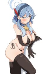 Rule 34 | 1girl, absurdres, ako (blue archive), bare shoulders, bikini, blue archive, blue eyes, blue hair, blush, breasts, cleavage, collarbone, gloves, highres, large breasts, long hair, looking at viewer, open mouth, seihekiog, solo, swimsuit, thighhighs, thighs, white background