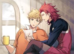 Rule 34 | 2boys, :o, black shirt, blonde hair, brown pants, crossed legs, cup, granblue fantasy, green eyes, high collar, holding, holding cup, holding letter, letter, male focus, multiple boys, ono (0 no), orange shirt, pants, percival (granblue fantasy), red eyes, red hair, red shirt, shirt, short hair, sitting, translation request, two-tone shirt, vane (granblue fantasy)