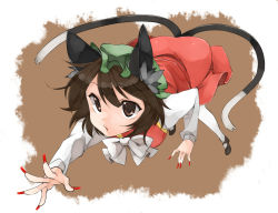 Rule 34 | 1girl, akagashi hagane, animal ears, bad id, bad pixiv id, bent over, brown eyes, brown hair, cat ears, cat girl, cat tail, chen, female focus, fingernails, hat, long fingernails, multiple tails, nail polish, simple background, solo, tail, touhou