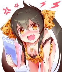 Rule 34 | 1girl, akazawa red, anger vein, angry, animal print, black hair, blush, book, bottomless, breasts, cleavage, commentary request, downblouse, hair ribbon, holding, idolmaster, idolmaster cinderella girls, jewelry, leaning forward, leopard print, long hair, looking at viewer, matoba risa, medium breasts, necklace, open mouth, pornography, ribbon, simple background, solo, tears, twintails, white background, yellow eyes
