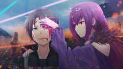 Rule 34 | 1boy, 1girl, absurdres, black jacket, blood, blood on clothes, blood on face, blue eyes, dress, fate/grand order, fate/prototype, fate/prototype: fragments of blue and silver, fate (series), feather trim, fujimaru ritsuka (male), fujimaru ritsuka (male) (polar chaldea uniform), fur-trimmed dress, fur trim, hair between eyes, headpiece, highres, injury, jacket, mash kyrielight, mash kyrielight (ortenaus), paracelsus (fate), polar chaldea uniform, purple dress, purple hair, red eyes, scathach (fate), scathach skadi (fate), shield, shiro font, tearing up, tears, tiara