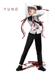 Rule 34 | 1girl, absurdres, black gloves, blade, blood, blood on face, blood on clothes, bow, dual wielding, formal, gasai yuno, gloves, hana keijou, hanakeijou, concealed weapon, highres, holding, mirai nikki, necktie, pants, pink eyes, pink hair, shirt, solo, suit, twintails, weapon