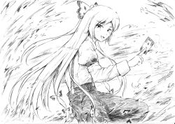 Rule 34 | 1girl, :d, between fingers, bow, buckle, female focus, fire, from side, fujiwara no mokou, greyscale, hair bow, holding, long hair, long sleeves, monochrome, ofuda, ofuda between fingers, open mouth, pants, smile, solo, touhou, vent arbre