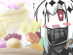 Rule 34 | 10s, 1girl, abyssal ship, aircraft carrier water oni, blush stickers, commentary request, dessert, dress, drooling, food, goma (gomasamune), ice cream, kantai collection, md5 mismatch, pale skin, red eyes, sailor dress, sketch, solo, spoon, translation request, white hair