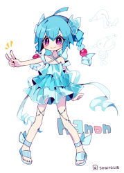 Rule 34 | 1girl, ahoge, arm at side, arm up, artist name, back bow, bare shoulders, blue bow, blue dress, blue footwear, blue hair, blue ribbon, blush, bow, brionne, character name, closed mouth, collarbone, creatures (company), dress, female focus, flat chest, full body, game freak, gen 7 pokemon, hair bobbles, hair bow, hair ornament, happy, layered dress, legs, long hair, nintendo, off-shoulder dress, off shoulder, outstretched arm, personification, pigeon-toed, pink pupils, pokemon, pokemon (creature), popplio, purple eyes, ribbon, sandals, shira (sirairo116), short dress, sidelocks, signature, smile, solo focus, standing, twintails, twitter username, v, v-shaped eyebrows